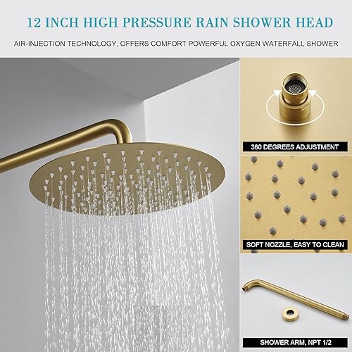 Miniatura 3 de Sistema de ducha de oro cepillado de 12 pulgadas para baño, cabezal de ducha de lluvia dorado de alta presión con rociador de mano, accesorios de