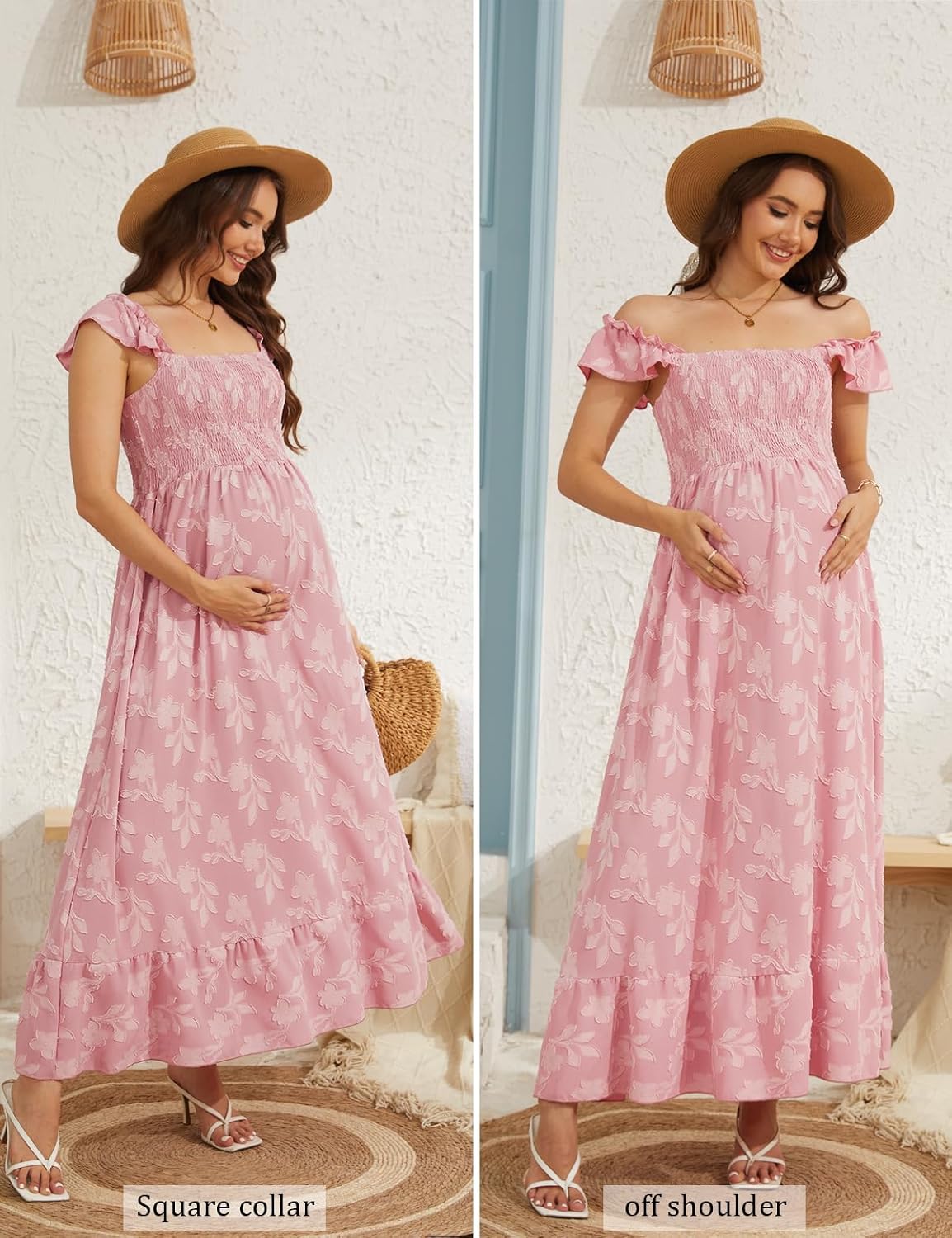 Maternity Dress for Baby Shower & Photoshoot, Floral Ruffle Sleeve Maxi Dress for Spring Summer Pregnancy