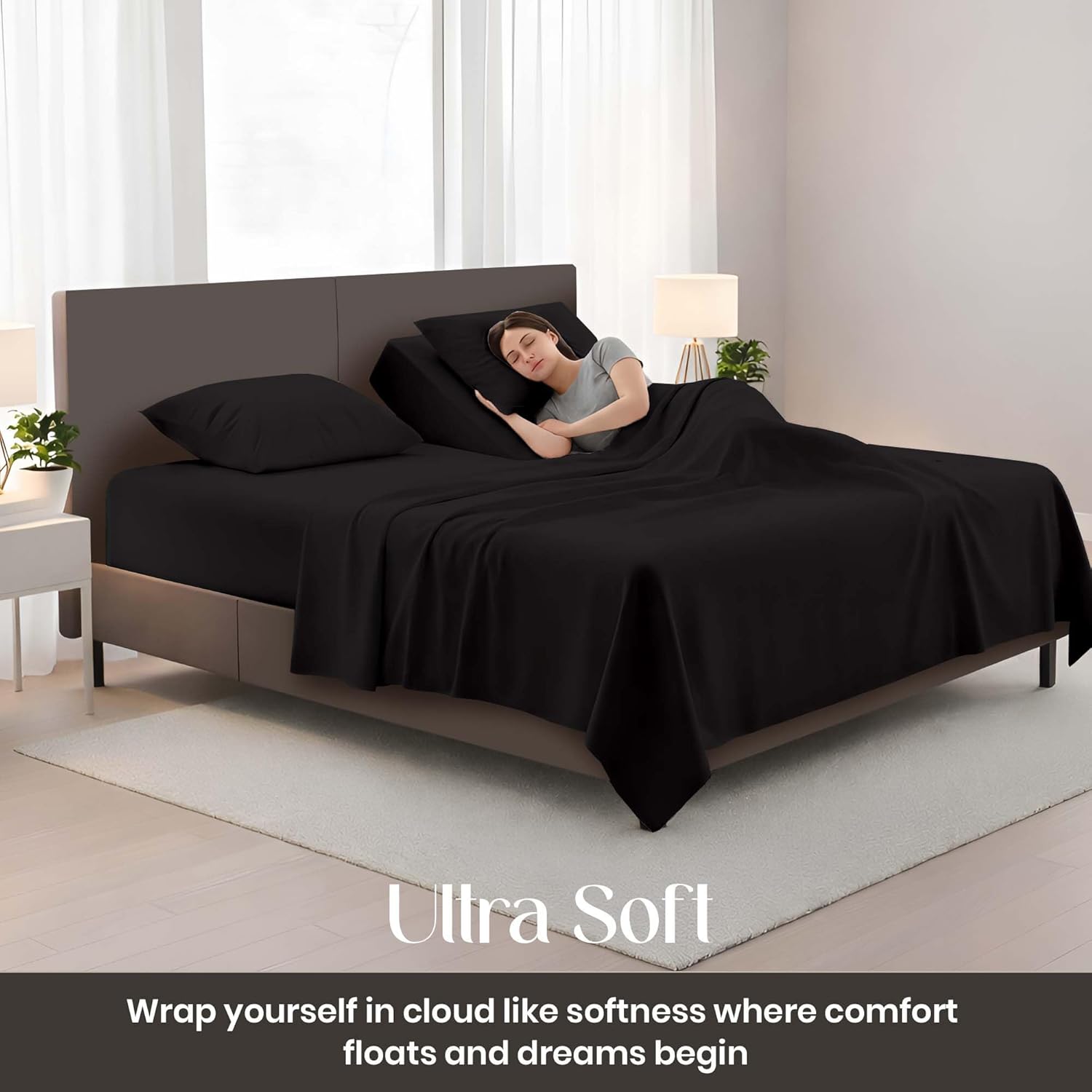 SGI bedding Adjustable Split Head Flex Top King 34" Microfiber Sheet Set – Ultra Soft, Cooling & Deep Pocket 15” Fitted, 4-Piece Breathable & Durable Bedding Set for Split King Beds -Black