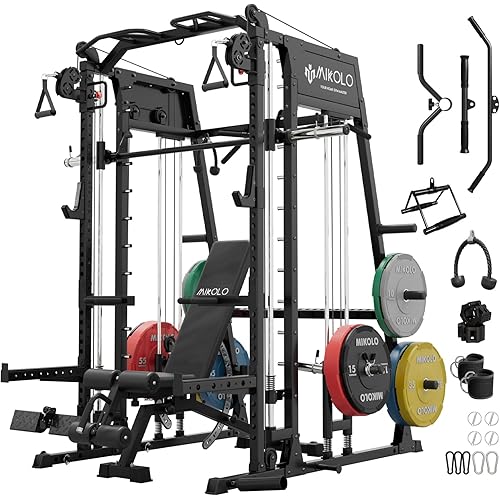 Mikolo Smith Machine, 2200lbs Squat Rack with LAT-Pull Down System & Cable Crossover Machine, Training Equipment with Leg Hold-Down Attachment