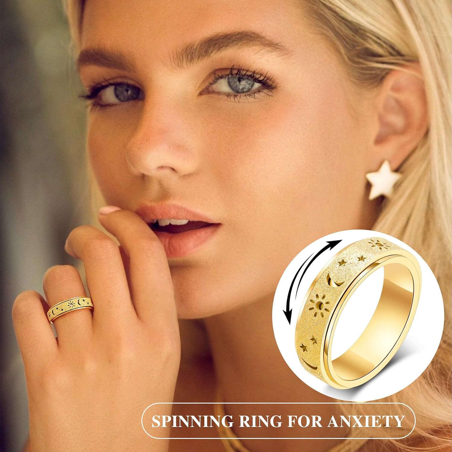 OreilleStar Fidget Anxiety Ring for Women: Sun Moon Star Symbols Fidgets Toys Adults Stress Relief Thumb Spinner Ring Stainless Steel Birthday Gift for Men Silver Gold Plated Size 6-10
