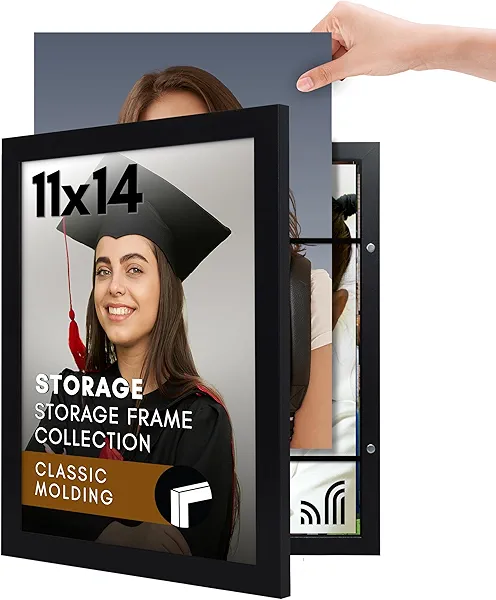 Americanflat 11x14 Picture Frame with Storage - Quick Change Storage Frames with Polished Plexiglass - Holds 35 Photos - Storage Frame Collection - Photo Frame for Wall Display - Black