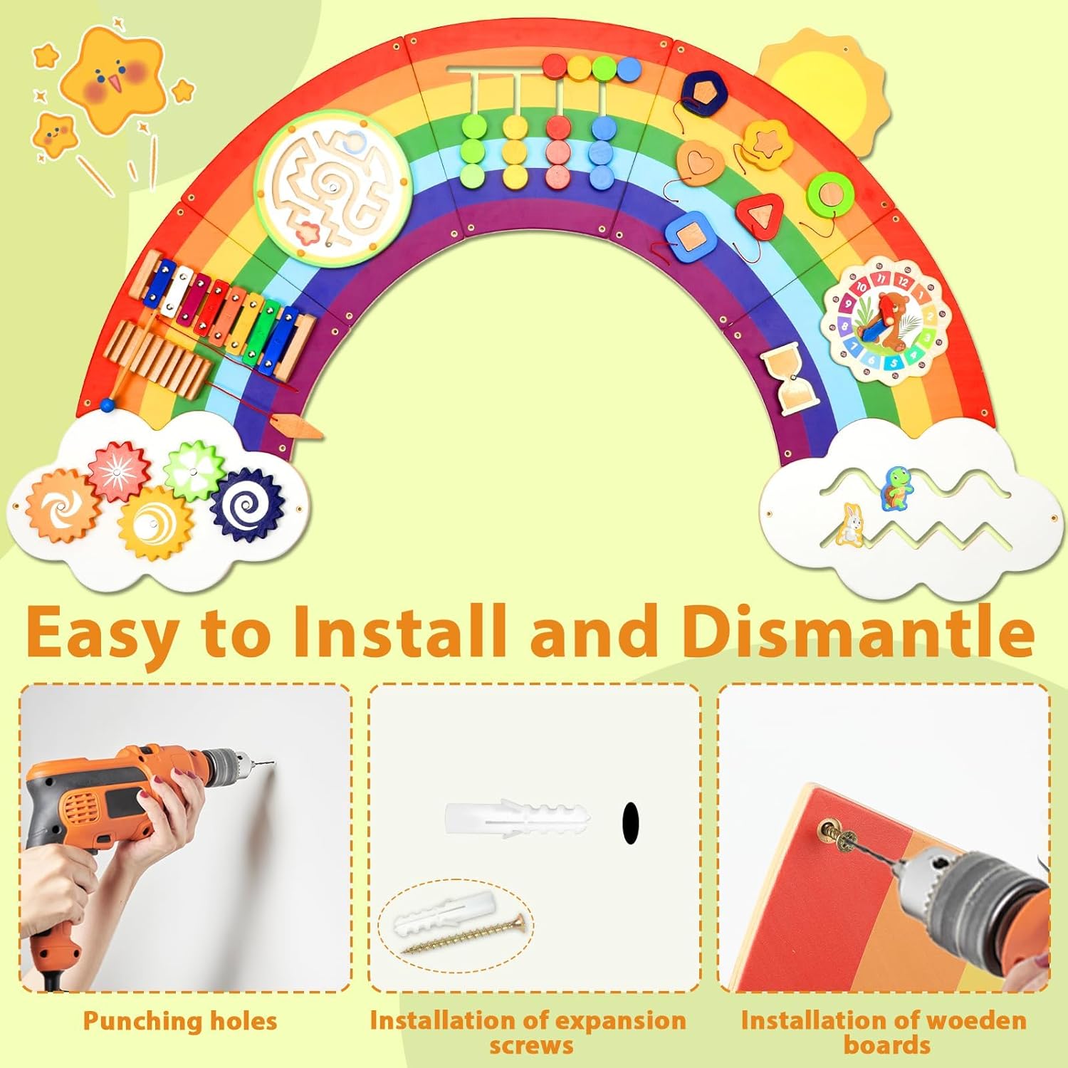 5FT Large Sunshine Rainbow Wooden Activity Wall Panel for Toddler Educational Montessori Toy for Kids Interactive Sensory Toys Sensory Activity Busy Board Daycare Learning Center Toddler Room Decor