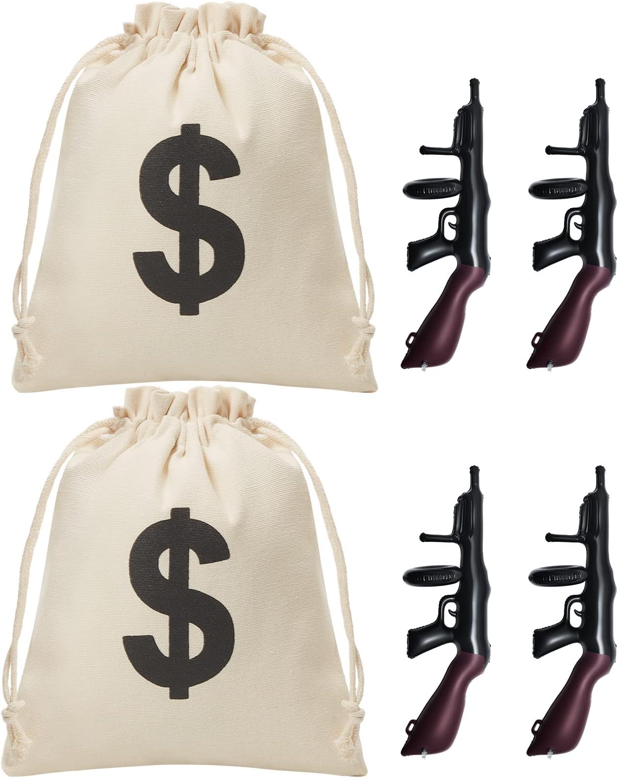 Zhanmai 6 Pcs Inflatable Gun Props Canvas Money Bag Pouch Set 1920s Party Decorations Money Bag with Drawstring Closure Party Prop Guns, Gangster Favors 20s Cosplay Theme Birthday Decoration