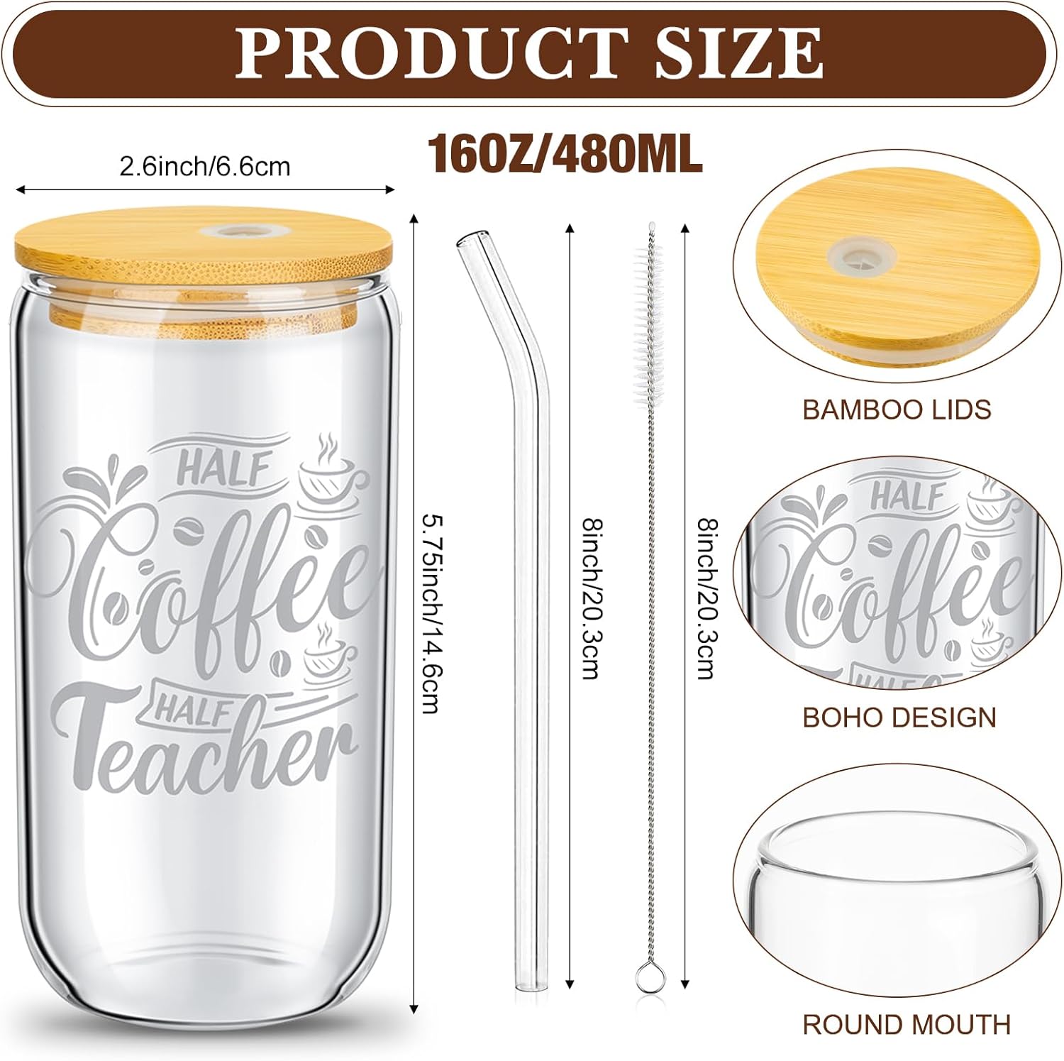 9 Sets Teacher Appreciation Gifts Bulk Valentine's Day Thank You Glass Cups 16 oz Tumbler Cup with Lids Straws Brushes Reusable Water Bottle Graduation Teacher Gift(Colorful Style) - Image 2