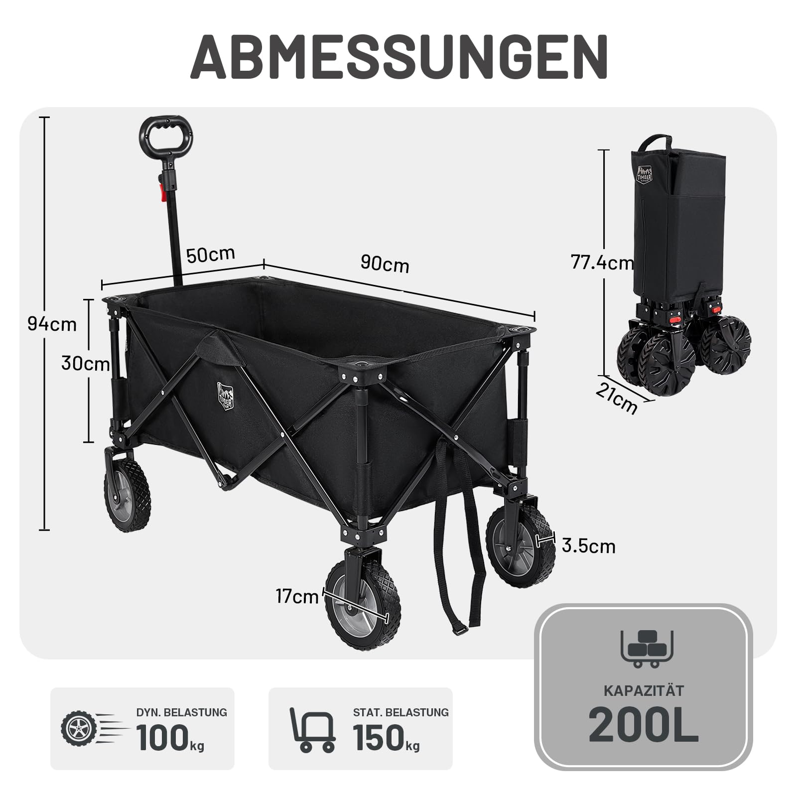 TIMBER RIDGE XXL Bollerwagen Faltbar Transportwagen mit Seitentasche Getränkehalter verstellbarem Griff, Gartenwagen für Alle Gelände, Draussen Camping Einkaufen