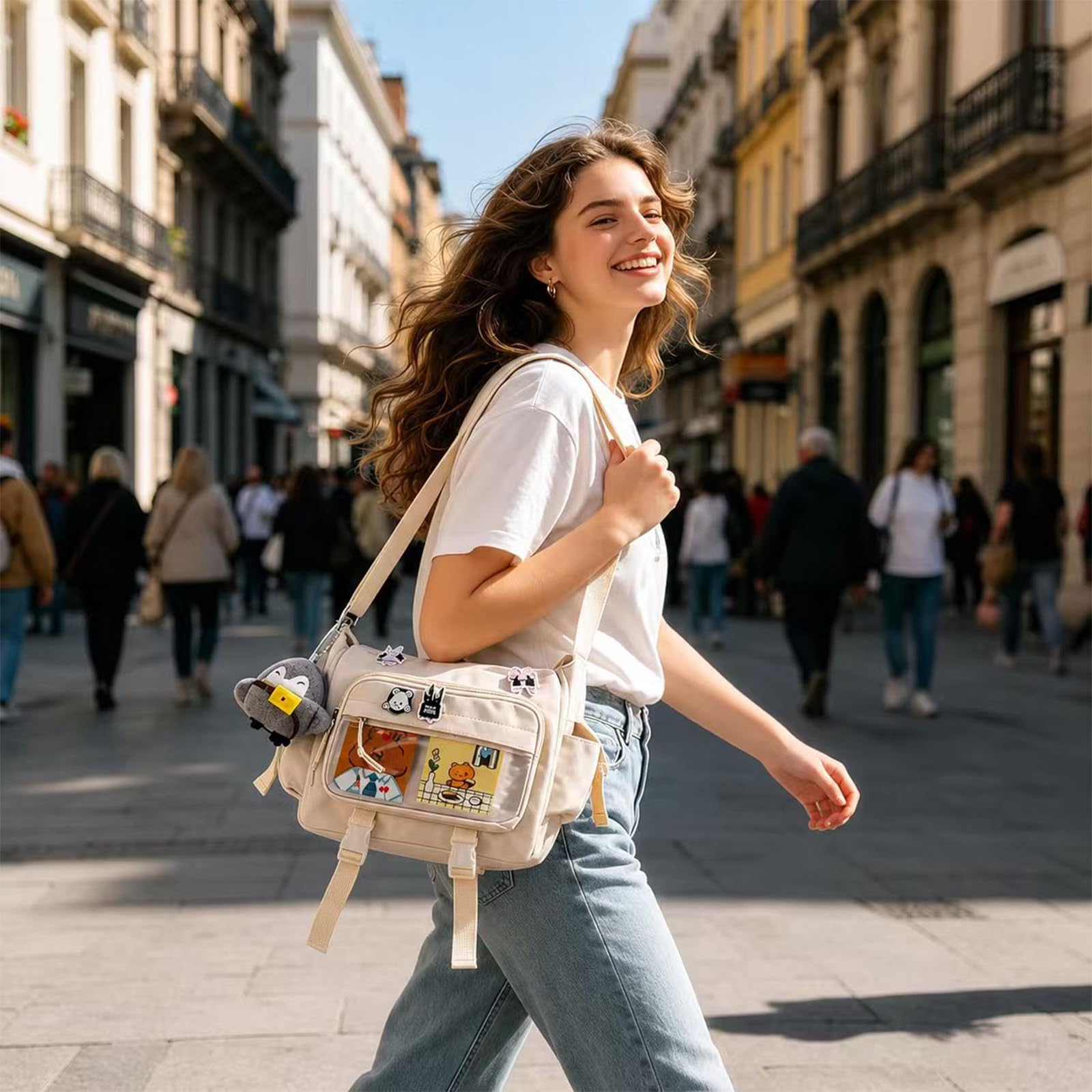 Borsa Ita, borsa a tracolla Y2K, borsa a tracolla da donna Ita in tela con spilla e ciondolo, borsa leggera, borsa a tracolla Kawaii