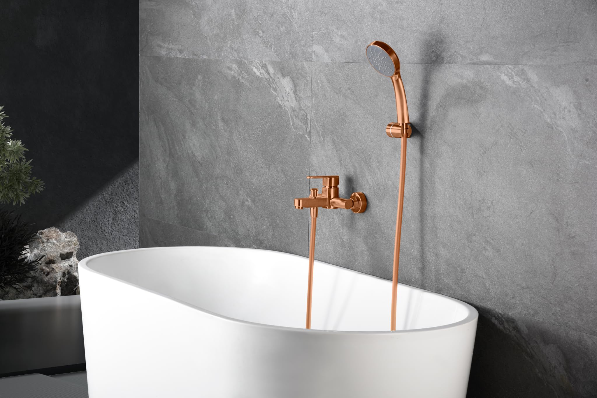 IMEX Monomando para Baño/Ducha SERIE ROMA – Grifería de Latón con, Kit Grifo Bañera Moderno Completo,Cartucho Cerámico Ø35 mm, Flexo PVC 1.80 m. (Oro Rosa Cepillado)
