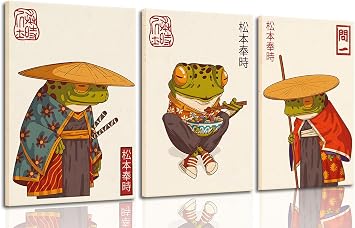 3Pcs Vintage Japanese Frog Wall Art Cute Funny Japan Samurai Frog Posters Prints Japanese Matsumoto Hoji Painting Pictures Eclectic Animal Canvas Wall Decor Framed green, 16x24 Framed