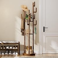 Yoobure Rotary Freestanding Coat Rack - Solid Wood Coat Tree with 9 Hooks & 3 Shelves for Entryway, Hallway, Office Storage