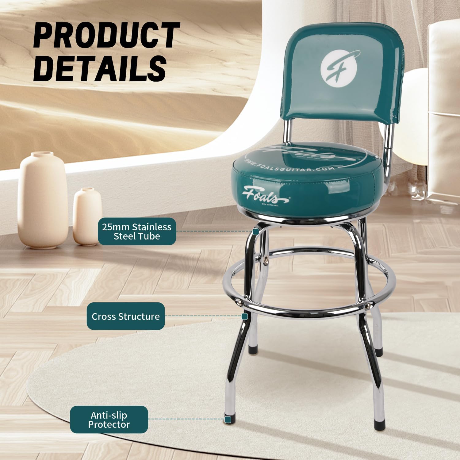 FOALS 24-Inch Guitar Stool, 360° Swivel Bar Stools with Ergonomic Backrest, PU Leather Padded Non-Slip Round Seat for Adults, FBS-24 (Green)