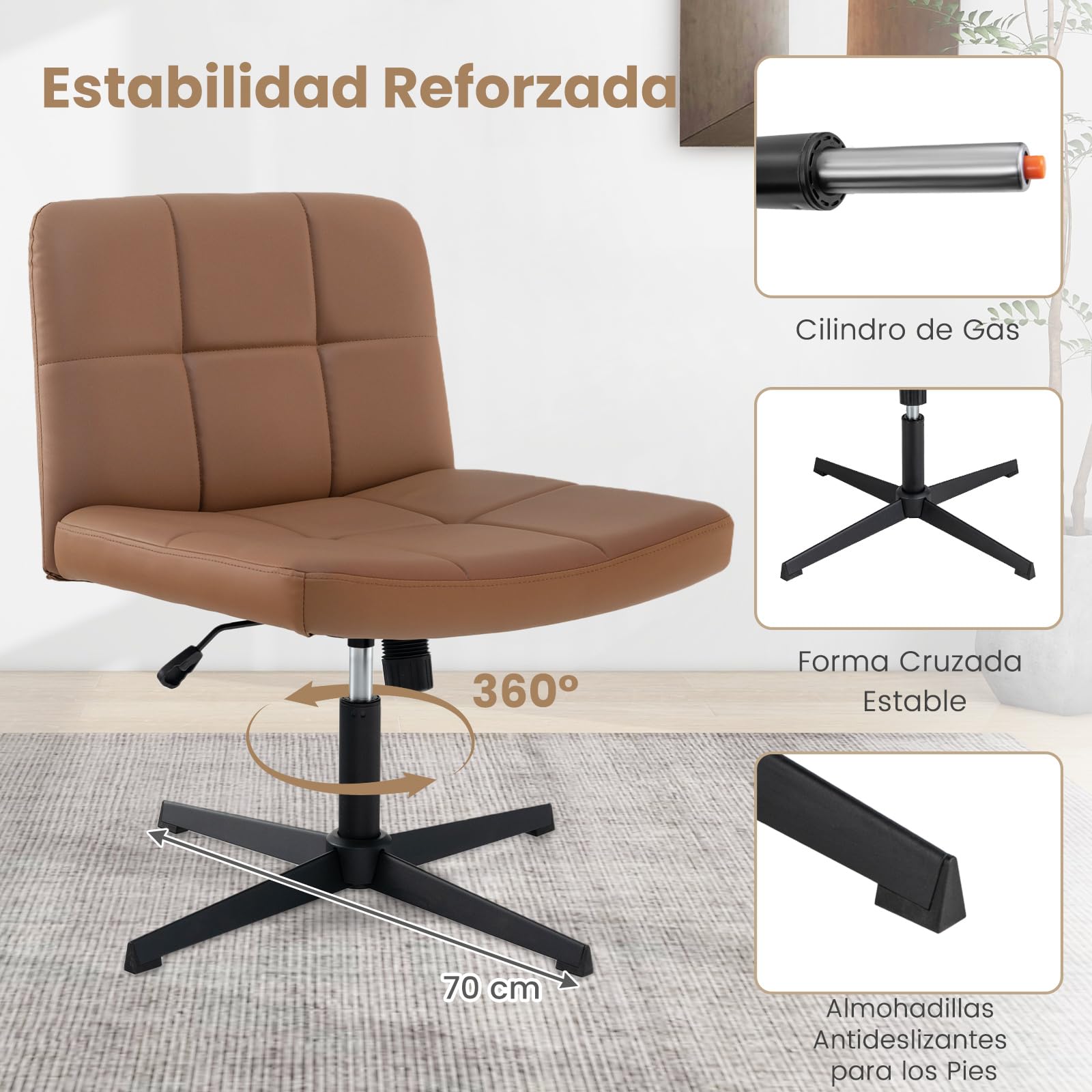 COSTWAY Silla Escritorio sin Brazos, Tapizada de Cuero de PU, Silla Oficina Inclinable y Altura Ajustable, Silla Tocador Estudio Dormitorio Oficina, 70 x 70 x 76-89 cm (marrón)