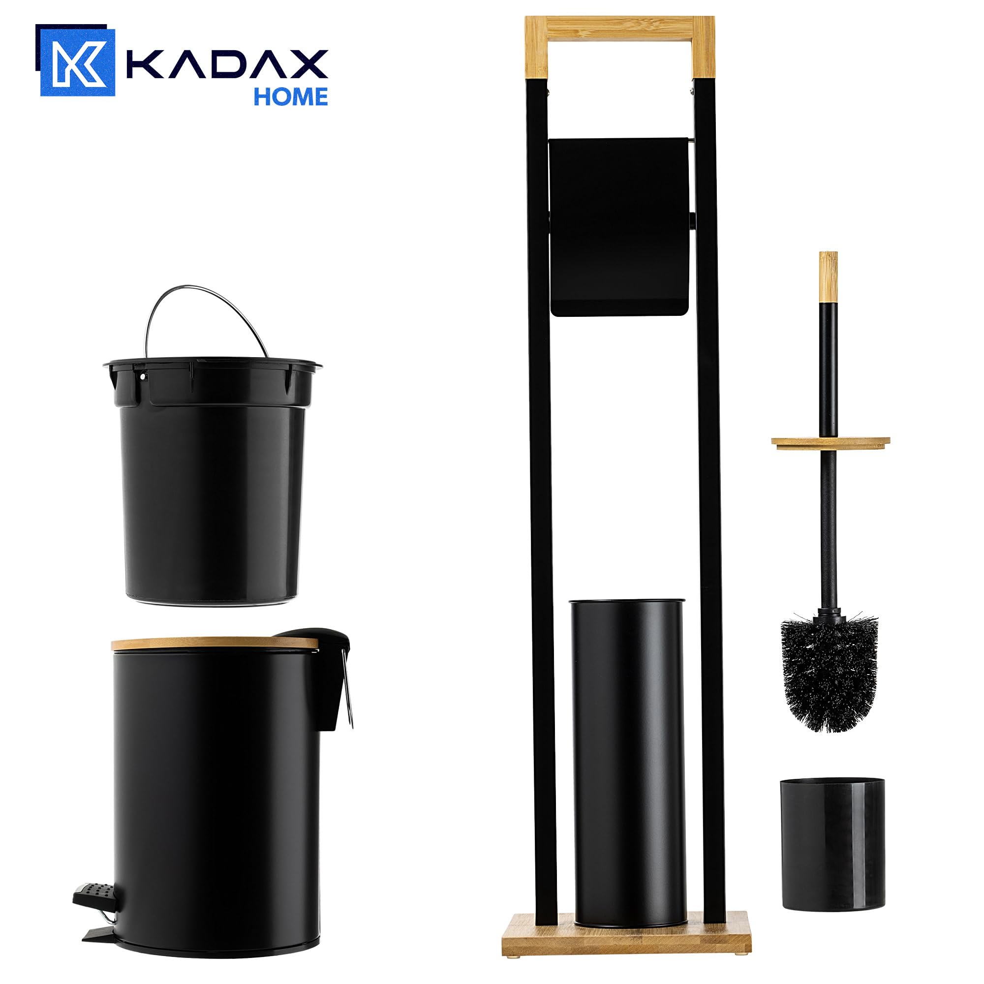KADAX Toilettenpapierhalter mit integrierter WC-Bürste und Kosmetikeimer, Klopapierhalter Stehend mit Toilettenbürste, Toilettenpapierständer (Schwarz)