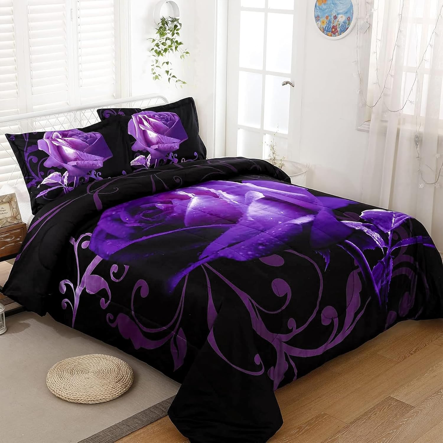 WONGS BEDDING Purple Comforter Set Queen, Reversible Purple Rose Pattern Bedding Comforter with 2 Pillowcases for All Seasons, Soft Microfiber Filling Bedding Set 90"x90"