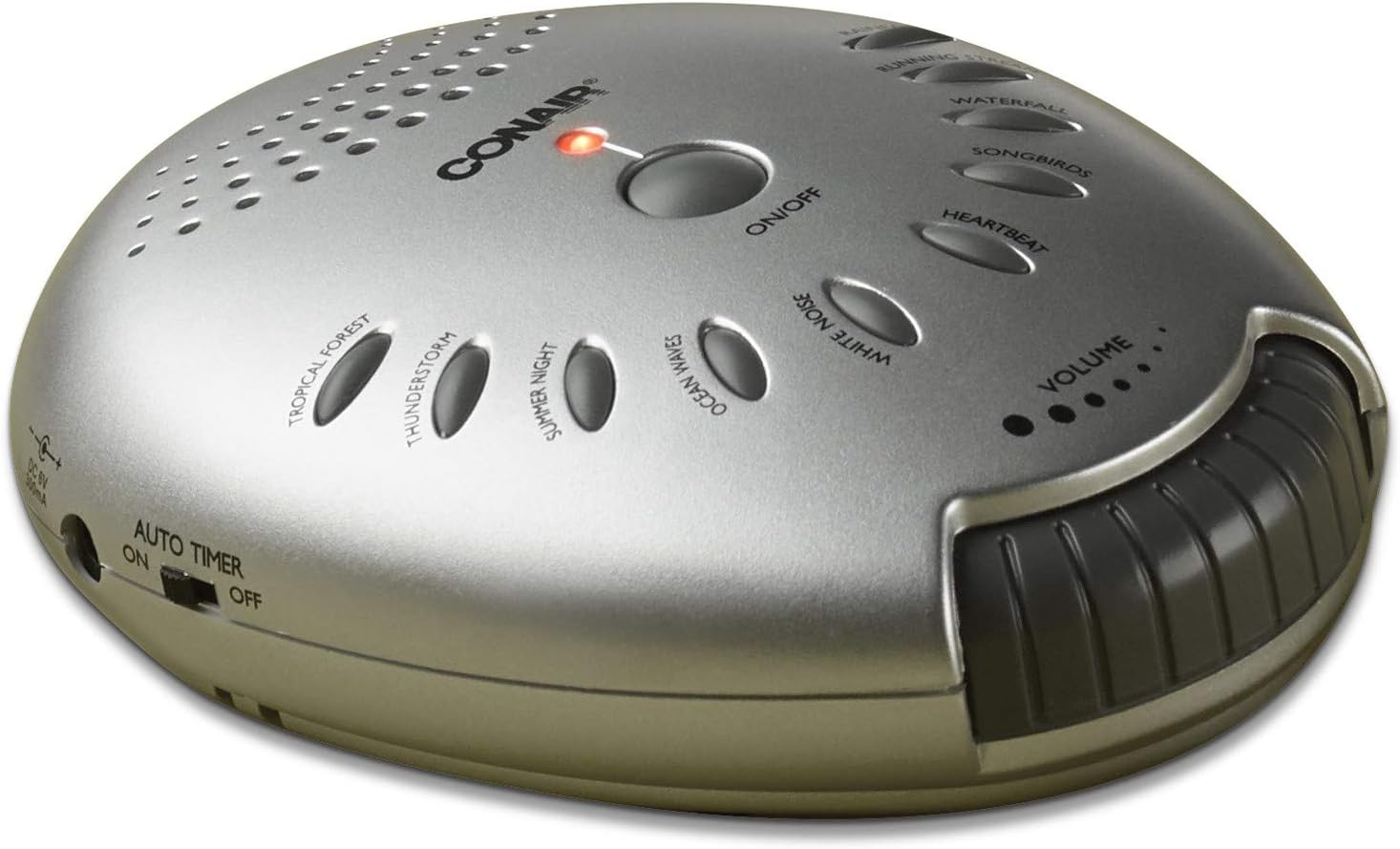Conair Sound Therapy Sound Machine, side view showing the auto timer switch.