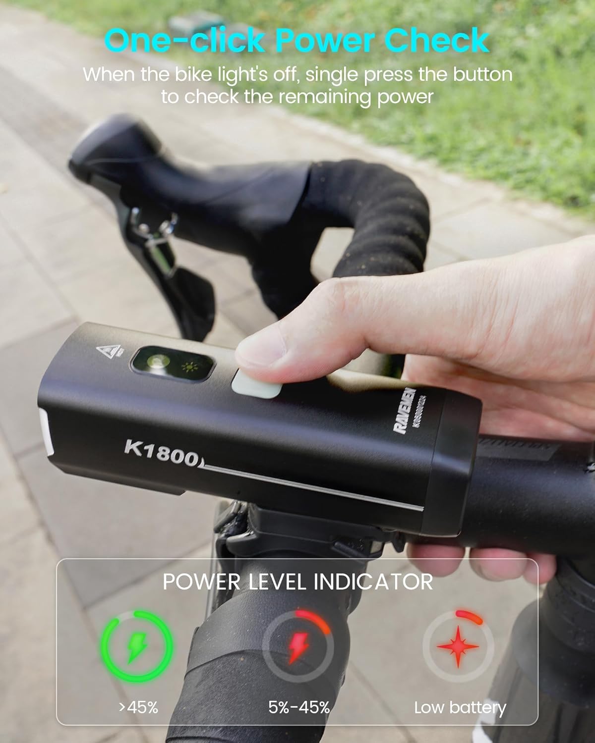 RAVEMEN K1800 Smart Bike Lights, Bright Bicycle Light with AI Night Riding Mode, Handlebar/Upside Down Mounted, Brightness Adjust, Auto On Off, Power Bank Feature, Daytime Intelligent Mode