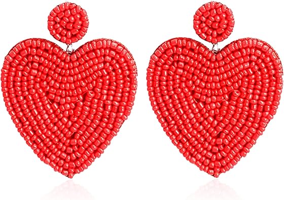 Red Pink Beaded Drop Earrings for Women Seed Bead Heart Shape Dangle Earrings Handmade for Valentines Day Jewelry