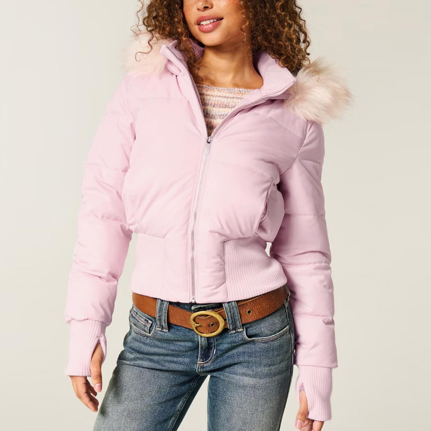 Womens Cropped Faux Fur Hooded Puffer Jacket Bomber Jackets Stand Collar Short Warm Coat Casual Outerwears