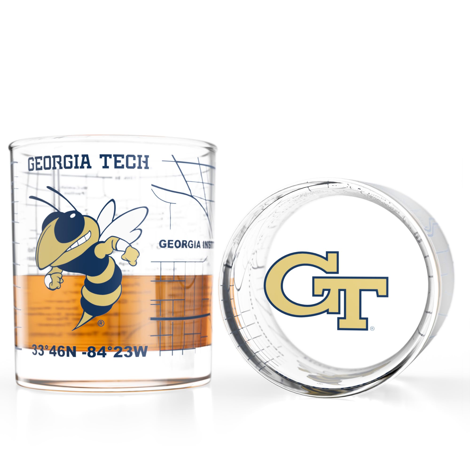 Greenline Goods Georgia Tech University Yellow Jackets Whiskey Glasses Set of 2, 10 oz Rocks Glasses with Full-Color Logo &amp; Campus Map – Officially Licensed Bourbon Glass Gift for Alumni &amp; Fans
