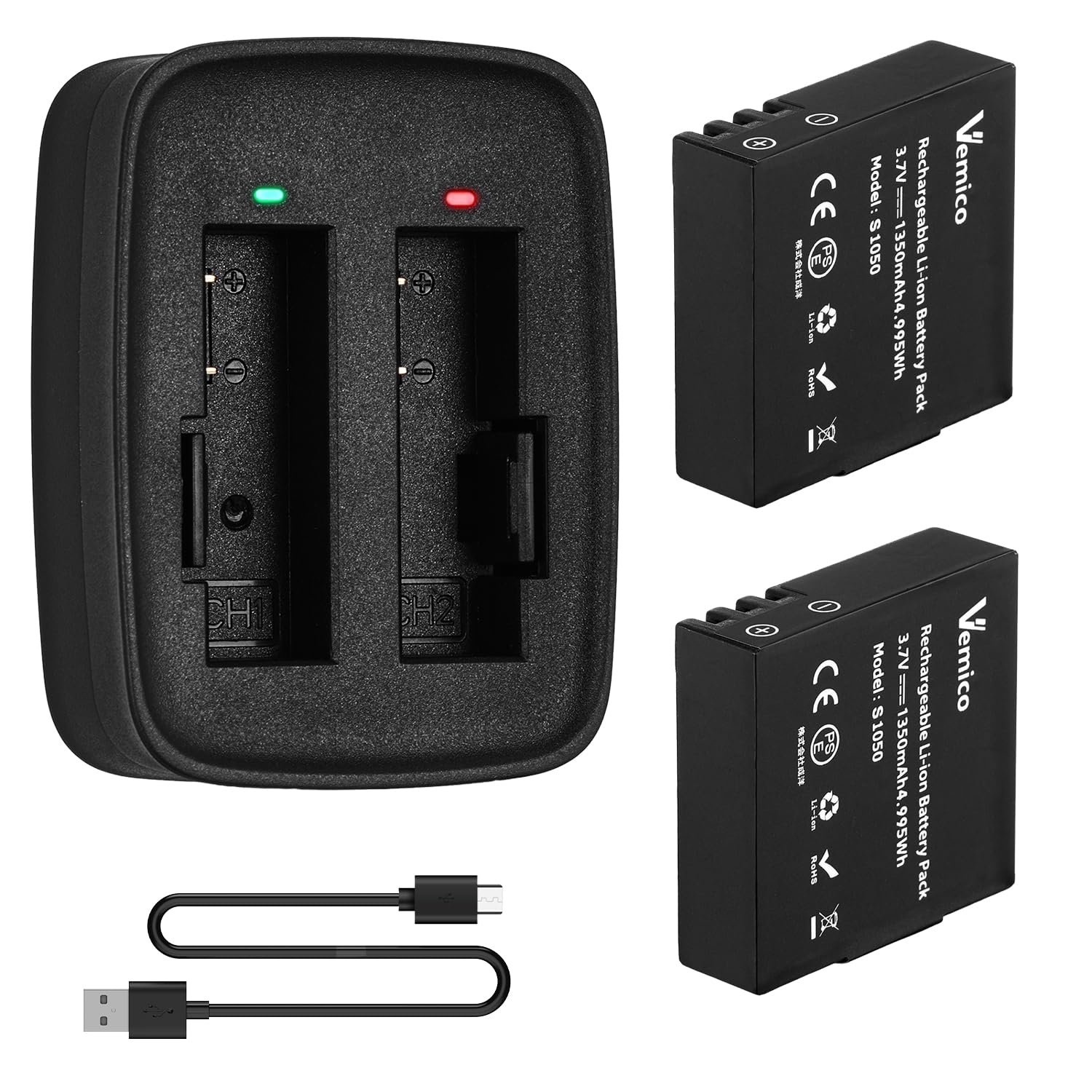 Vemico Action Camera Battery 1350mah For Akaso V50 Elite Usb