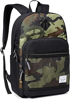 VASCHY School Backpack, Water Resistant Lightweight Casual Backpack for Men Women with Padded Laptop Sleeve Black & Camo