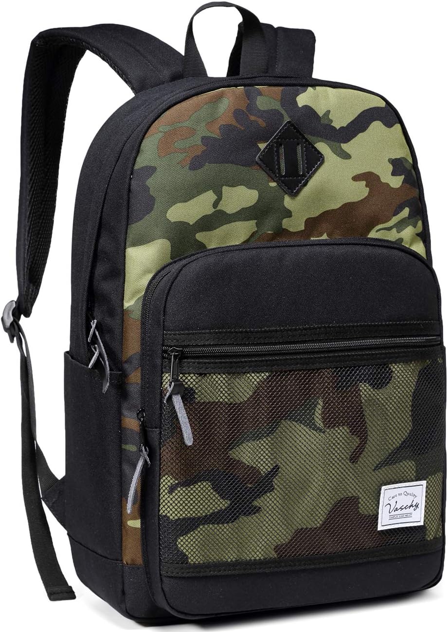 VASCHY School Backpack, Water Resistant Lightweight Casual Backpack for Men Women with Padded Laptop Sleeve Black & Camo