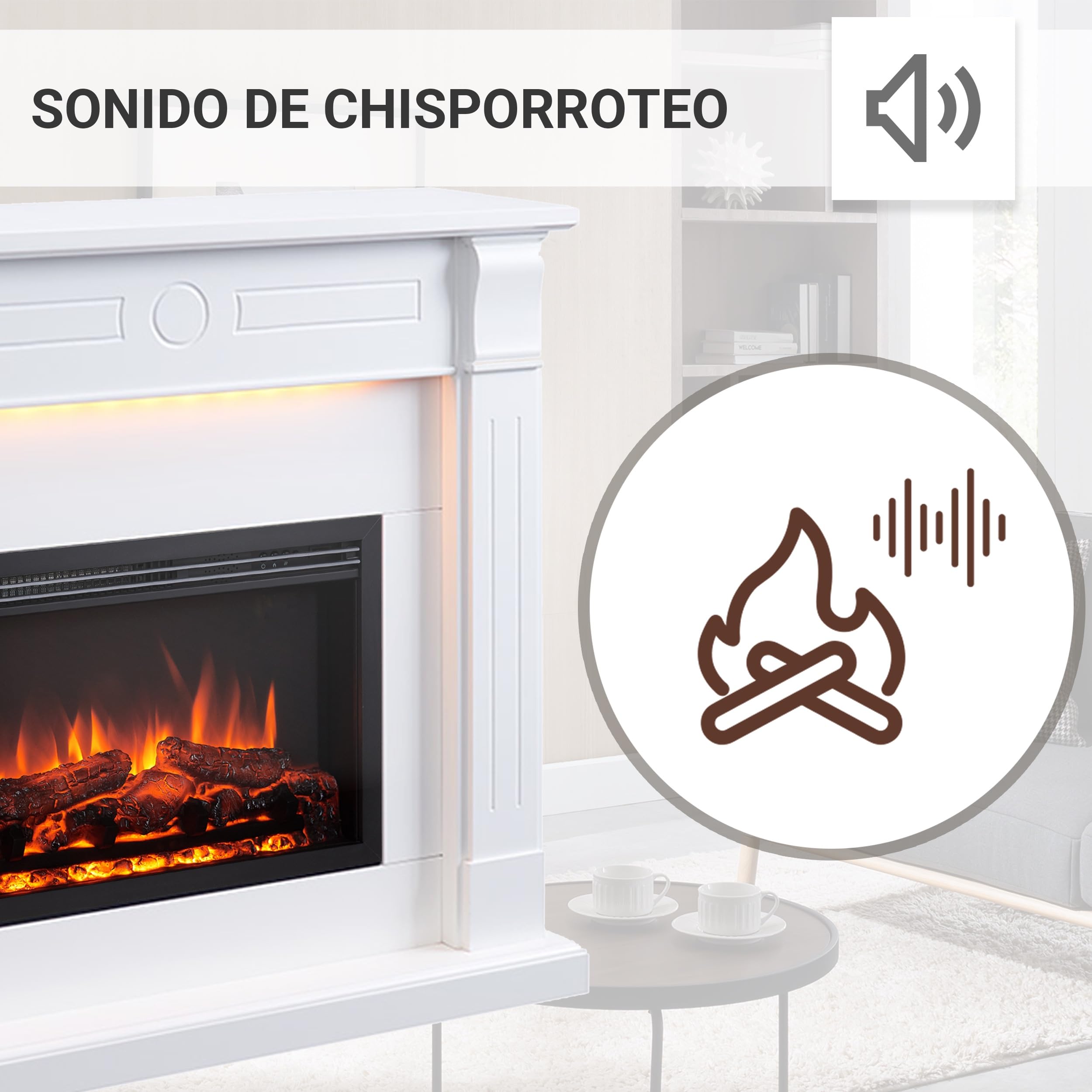 BALDERIA Hikaru - Chimenea eléctrica, Blanco, calefacción 2000 W - Blanco | Efecto de Llama 3D, iluminación LED, crepitación, Control de Aplicaciones, WiFi, Control Remoto, Temporizador, termostato