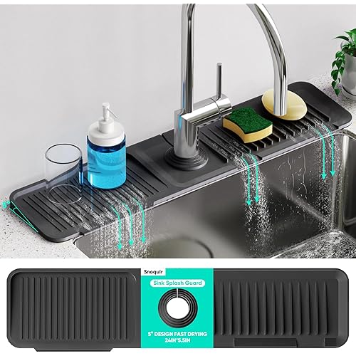 24 Inch Longer Faucet Mat for Kitchen Sink, 5° Slope Fast Self-draining, Kitchen Sink Splash Guard Silicone Sink Faucet Mat Splash Guard Kitchen Sink Area Tidy Splash Faucet Guard Draining Mat