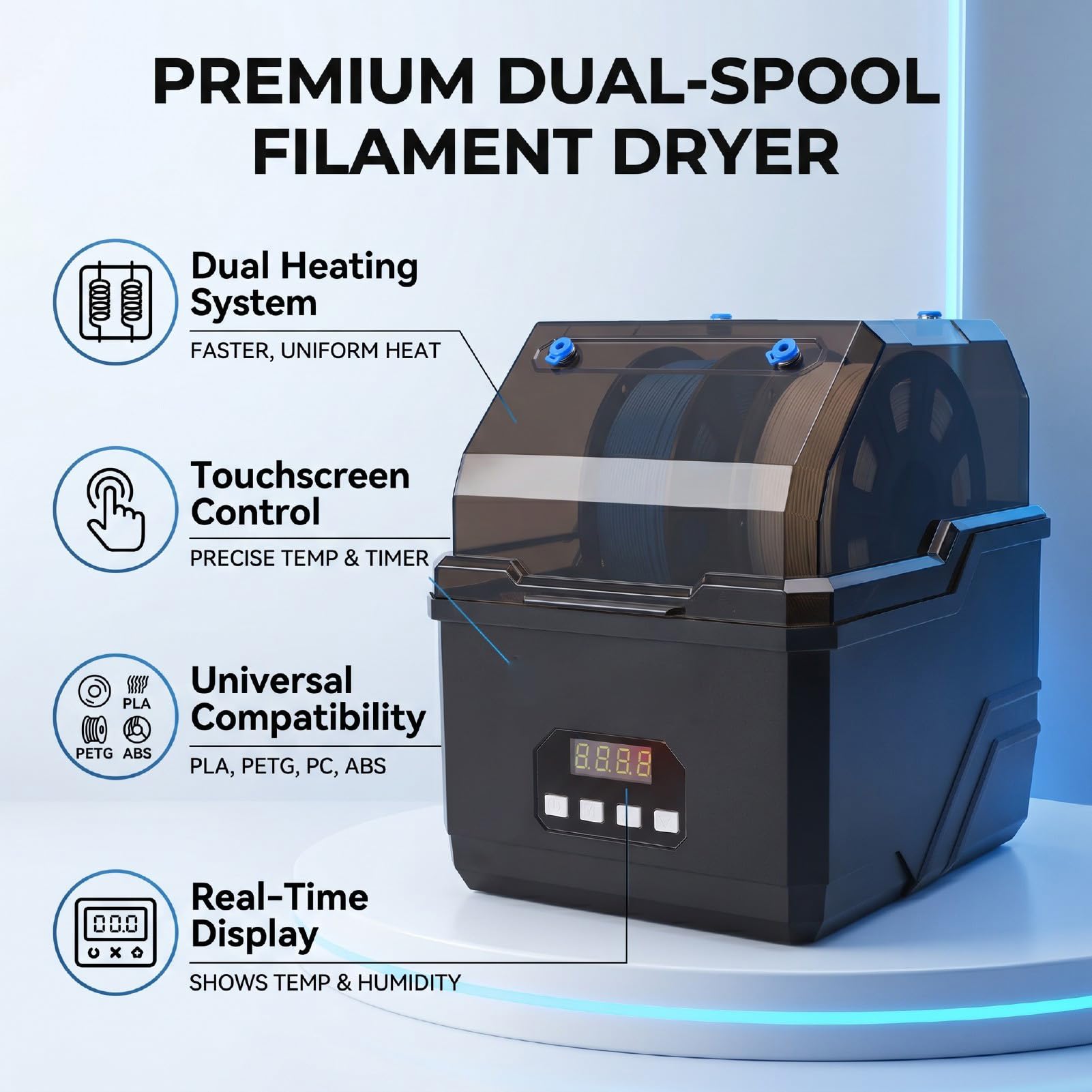 SEAFRONT Filament-Trockner, 3D-Drucker, Trockner, Dehydrator, Filament-Trockenbox, 2 Spulen, Touchscreen mit Dual-Heizung für PLA, PETG, ABS, PC (EU-Stecker)