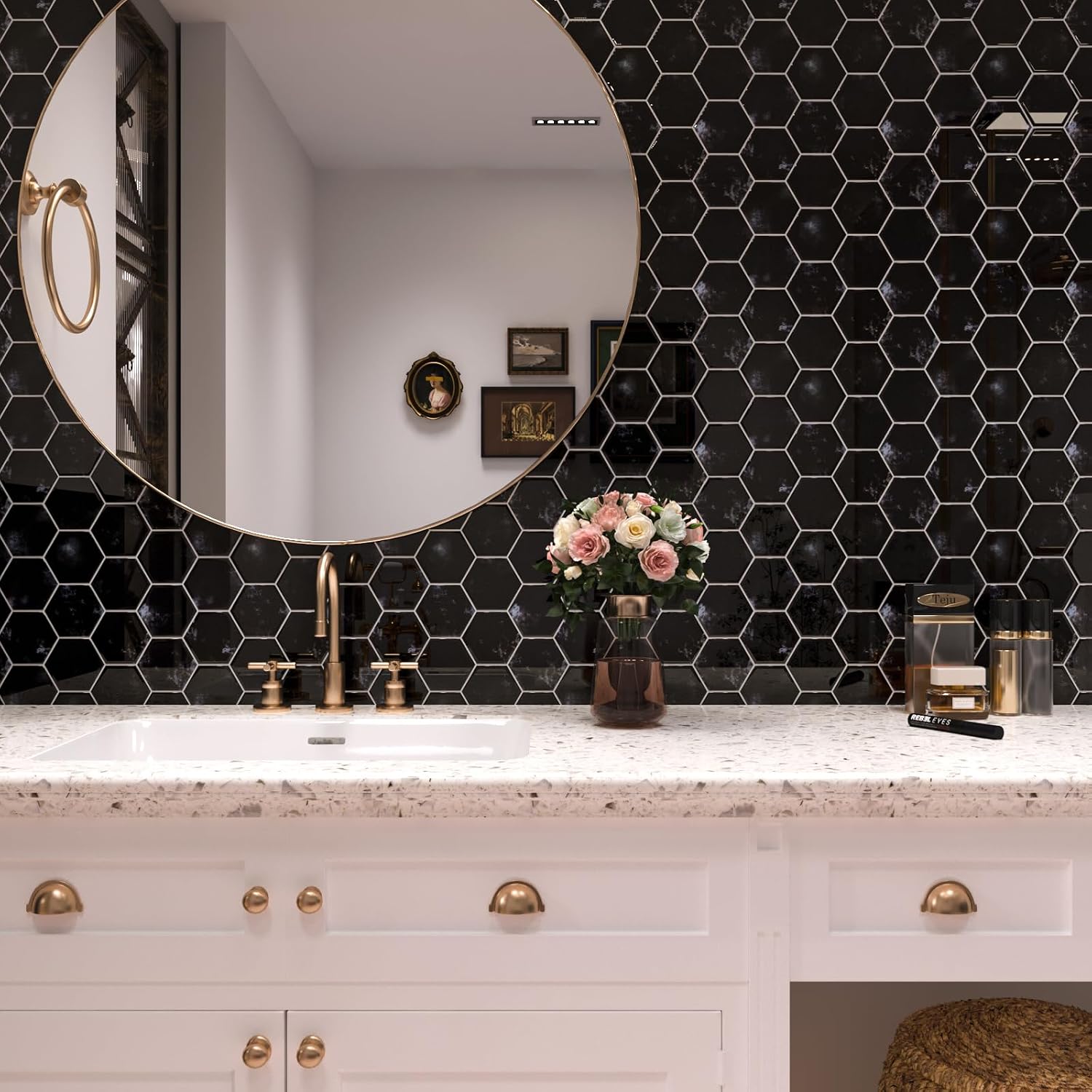 VEELIKE Distressed Black Hexagon Peel and Stick Backsplash 24-Sheets Stick on Backsplash Tiles for Kitchen Bathroom Wall Tiles Waterproof Self Adhesive Black Tile Stickers for Wall Fireplace 12''x12''
