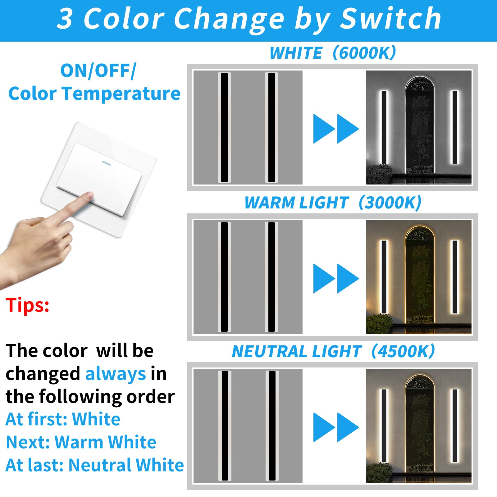 Mikeru 150cm Outdoor Garden Wall Light, 48w Color Change Outdoor Wall Lights Ip65 Rainproof Tricolor 3000k/4500k/6000k Wall Mounted LED Long Wall Lights Mains Powered for Hallway, Villa - 2