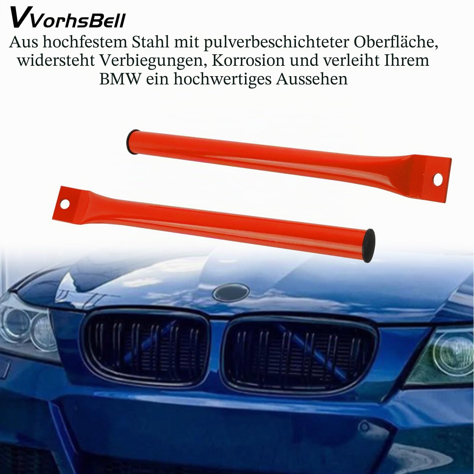 V-förmige Verstärkungsstäbe kompatibel mit BMW E90 E91 E92 E93 3er-Serie 335i, 335is und 335xi Modellen 2006-2013 mit Pulverbeschichtung (rot)