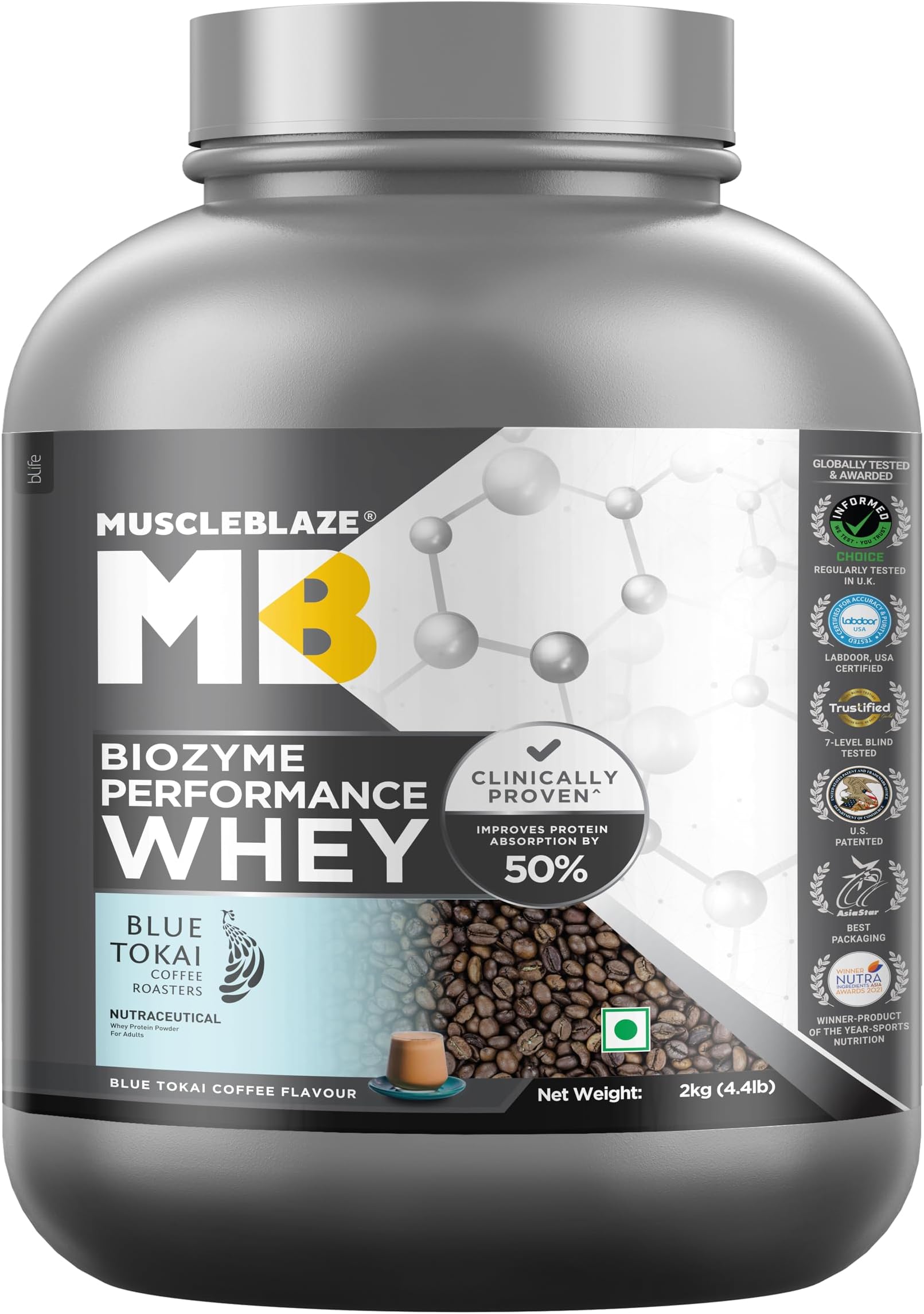 Biozyme Performance Whey Protein | Clinically Tested 50% Higher Protein Absorption | Informed Choice UK, Labdoor USA Certified & US Patent Filed EAF® (Blue Tokai Coffee, 2 kg / 4.4 lb)