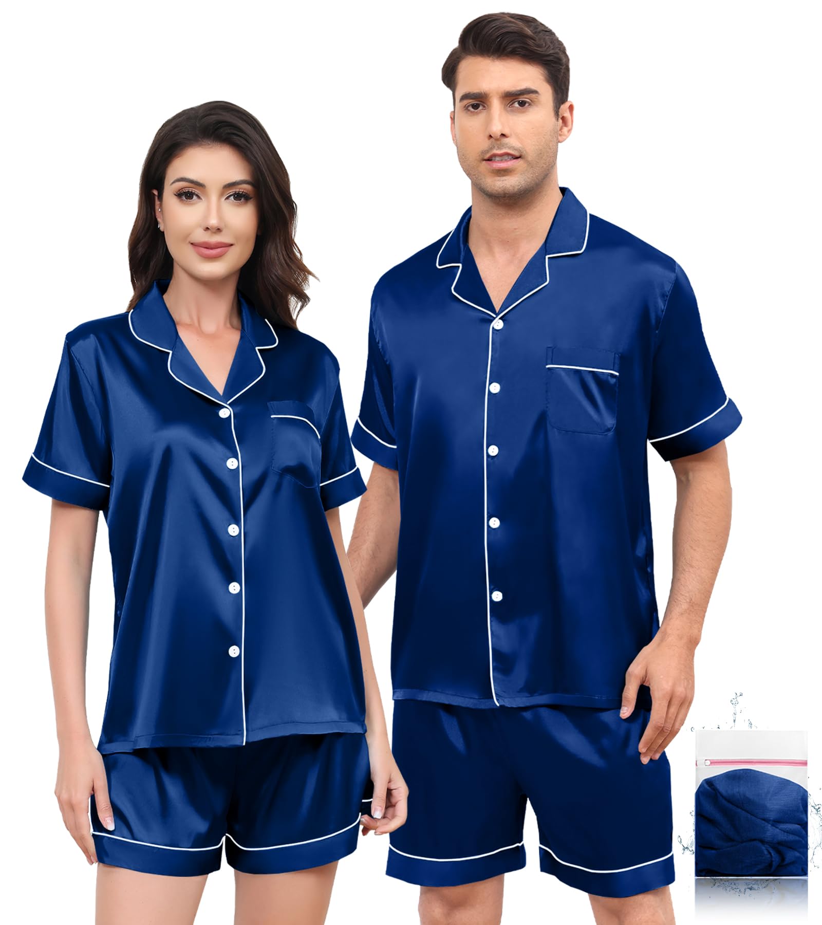 Silk Matching Pajamas Set for Couples Women Men Stain Short Sleeve Sleepwear Button Down 2 Pcs Pjs Sets S-3XL