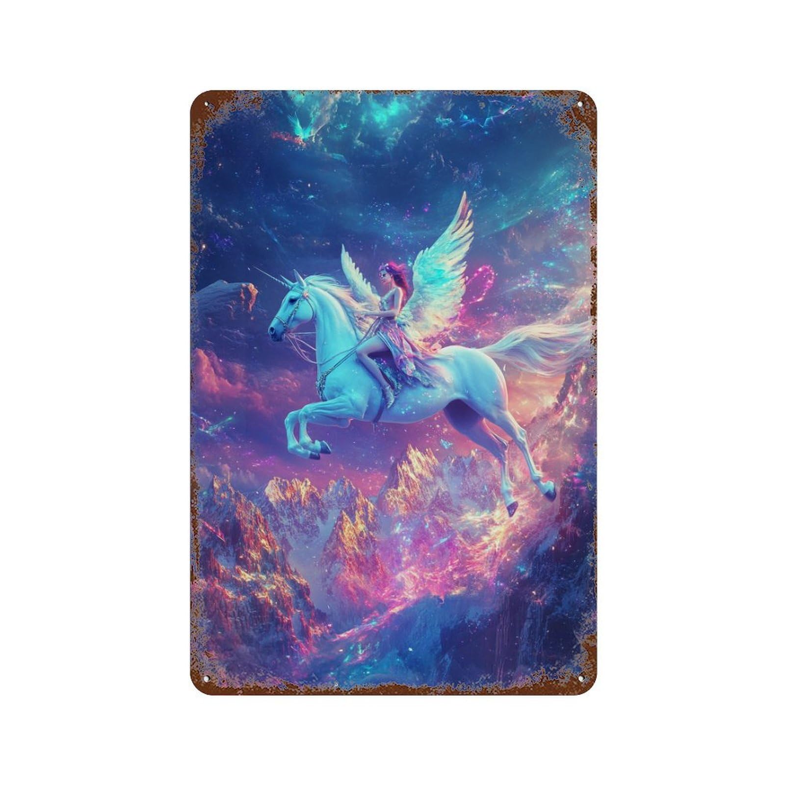 Rust Effect Fantasy Unicorn Ride in Space Decorative Tin Sign 11.8"x7.9", Classic Wall Plaque for Pub, Kitchen And Man Cave Decor