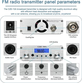 15W FM Transmitter, Long Range FM Broadcast Transmitter for Churches, Cars, Shopping Malls, Lecture Halls, Private Radio Stations with 3.5mm Mic Jack (15W)