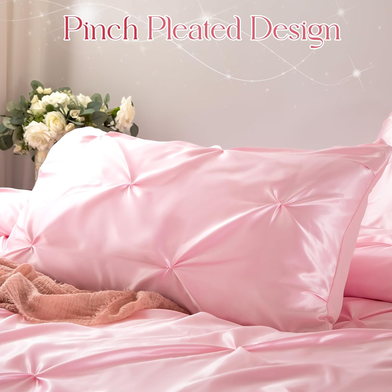 5-Piece Pinch Pleat Duvet Cover Set, Pintuck Duvet Cover Queen Size with Zipper, Light Pink Satin Duvet Cover Shabby Chic Bedding (2 Pillow Shams + 2 Pillowcases), No Comforter