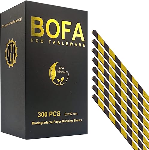 Miniatura 3 de Pajitas de papel a rayas doradas y negras, pajitas biodegradables de aceite metálico con rayas doradas para cumpleaños, bodas, decoraciones de