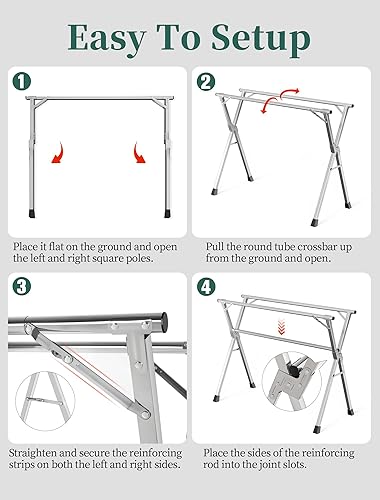 Miniatura 7 de Estante de secado plegable de acero inoxidable de 79 pulgadas para interiores y exteriores, antioxidante, 20 ganchos resistentes al viento, estante