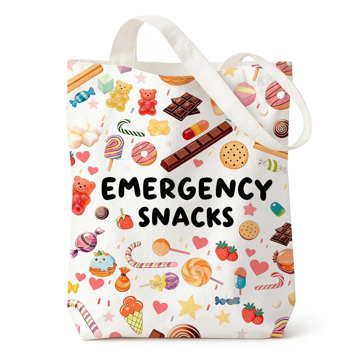Emergency Snack Bag, Candy Printed Canvas Tote Bag, Cartoon Snacks Shoulder Bag, Durable Shopping Bags for Girls, Reusable Tote Bags for School, Work, Travel and Grocery