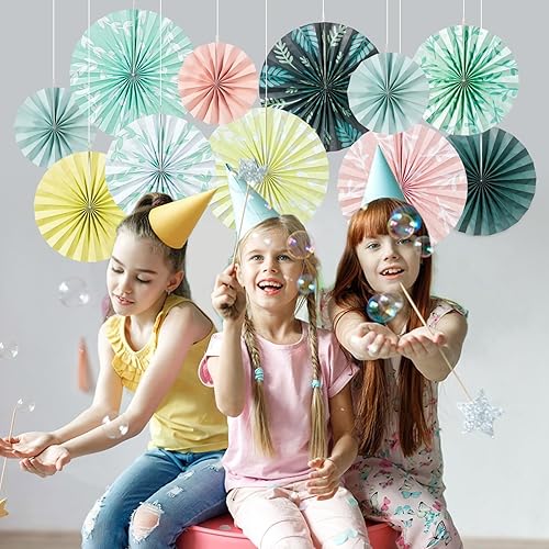 Miniatura 10 de SUNBEAUTY Paquete de 10 flores de papel para decoración de papel de pared, abanicos de papel para decoración de aula, papel floral, decoración de