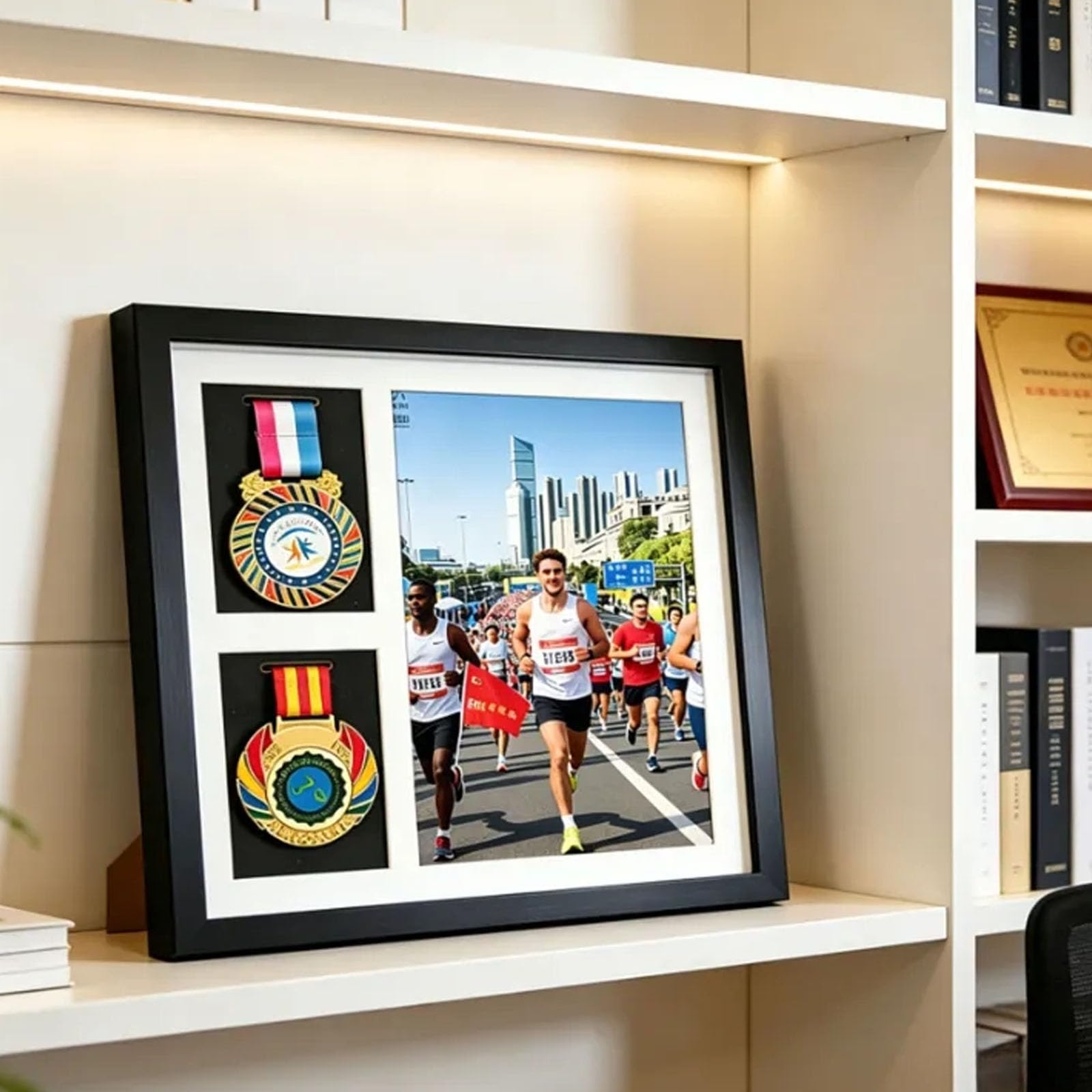 Boîte d'ombre pour médailles - Présentoir de médailles de marathon - 2 médailles et photos - Pour récompenses militaires, triathlon et tous les sports - Noir - A4