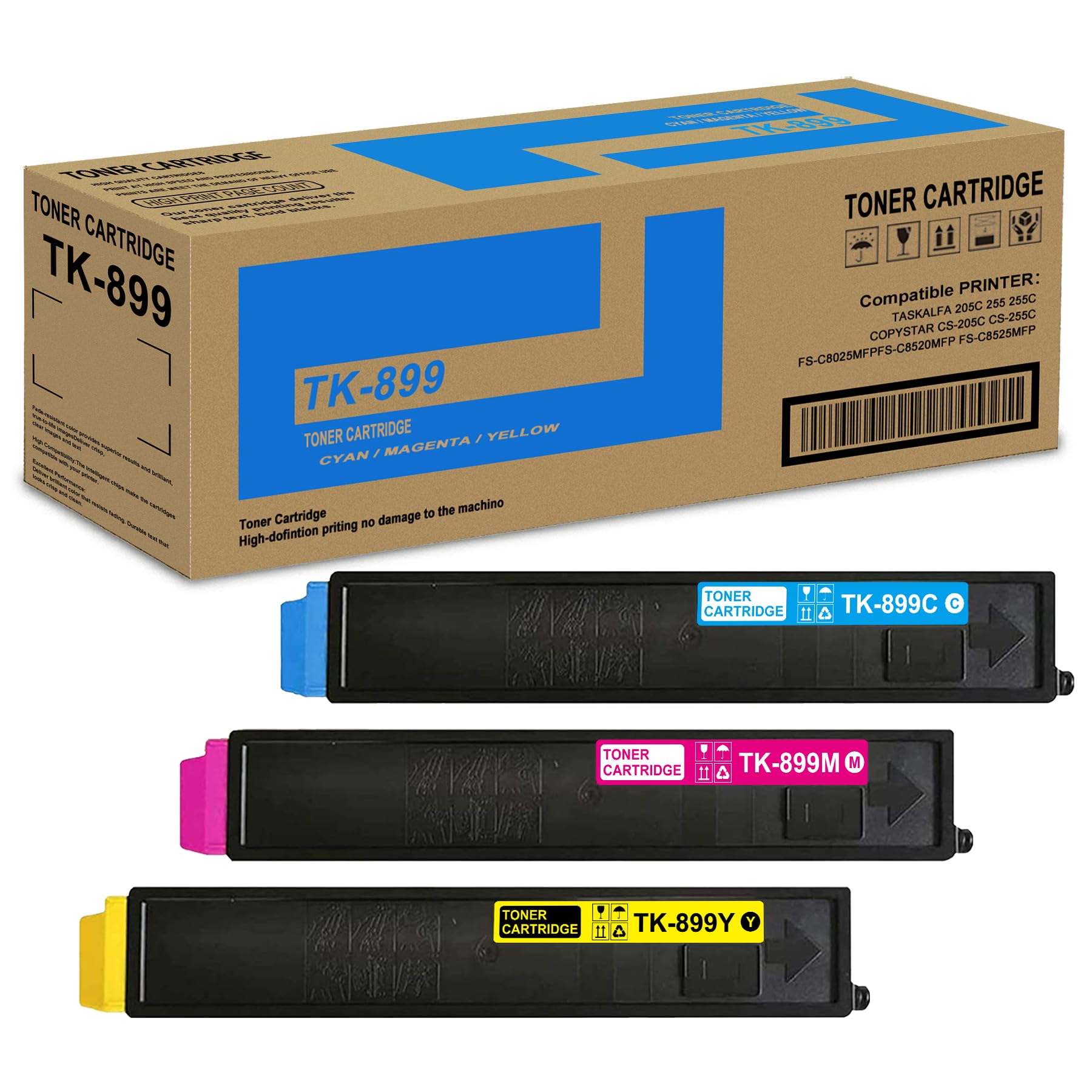 3 Pack TK-899C TK-899M TK-899Y C/M/Y Toner Cartridge High Yield Compatible TK899 Replacement for Kyocera Copystar CS-205C CS-255C FS-C8025MFP FS-C8520MFP FS-C8525MFP TASKalfa 205c 255 255c Printer
