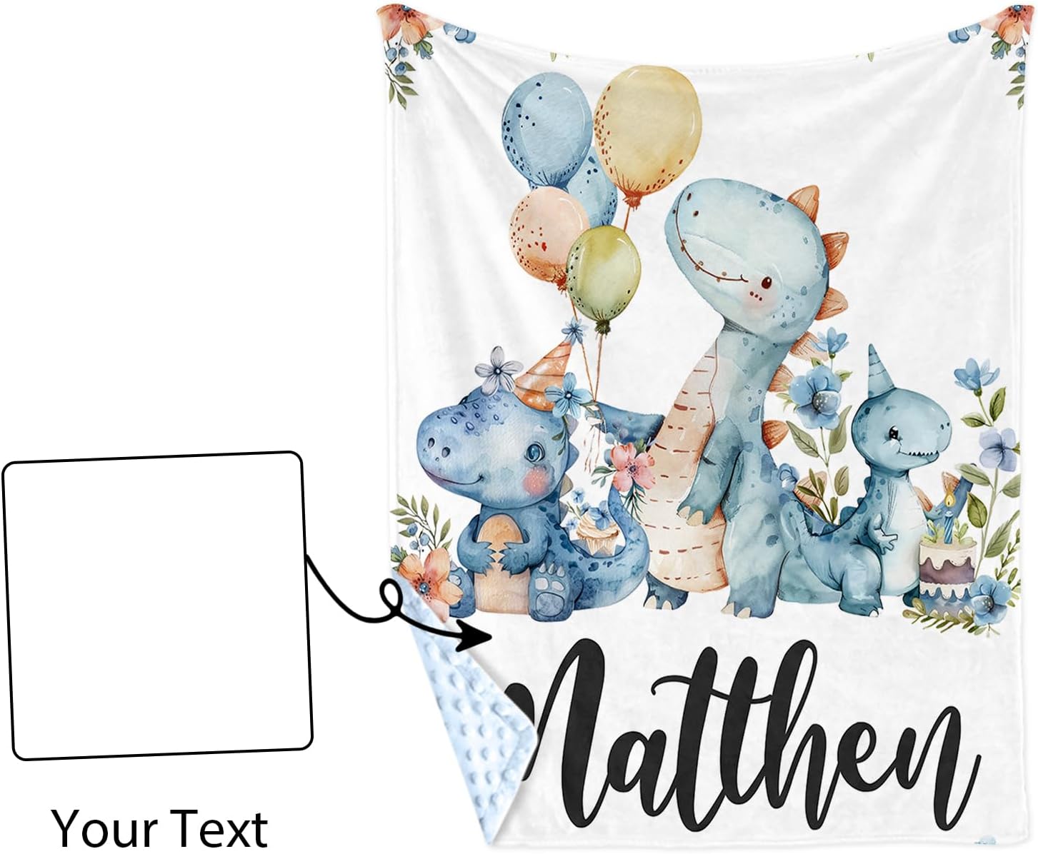 Personalized Baby Blankets with Name – Custom Blue Dinosaur Baby Blanket for Boys & Girls, Infant Blankets with Soft Dotted Back, Nursery Bedding, Newborn Shower Gift