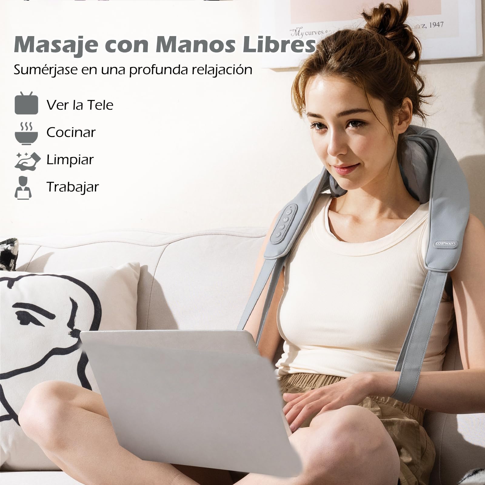 COSTWAY Masajeador de Cuello y Hombros, Masajeador Cervical con 2 Niveles de Calor, Máquina de Masaje Shiatsu de Amasamiento de Tejido Profundo con Almohada Masajeadora (Gris)