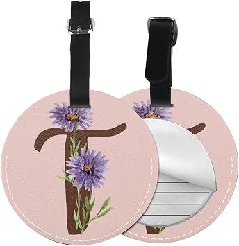 Set of 2 Pink Background Initial Luggage Tag for Suitcases, Floral Letter Cruise Name Bag Tags, Cute Round Baggage Tags with Privacy Cover, Leather ID Label for Women Girls, Letter T