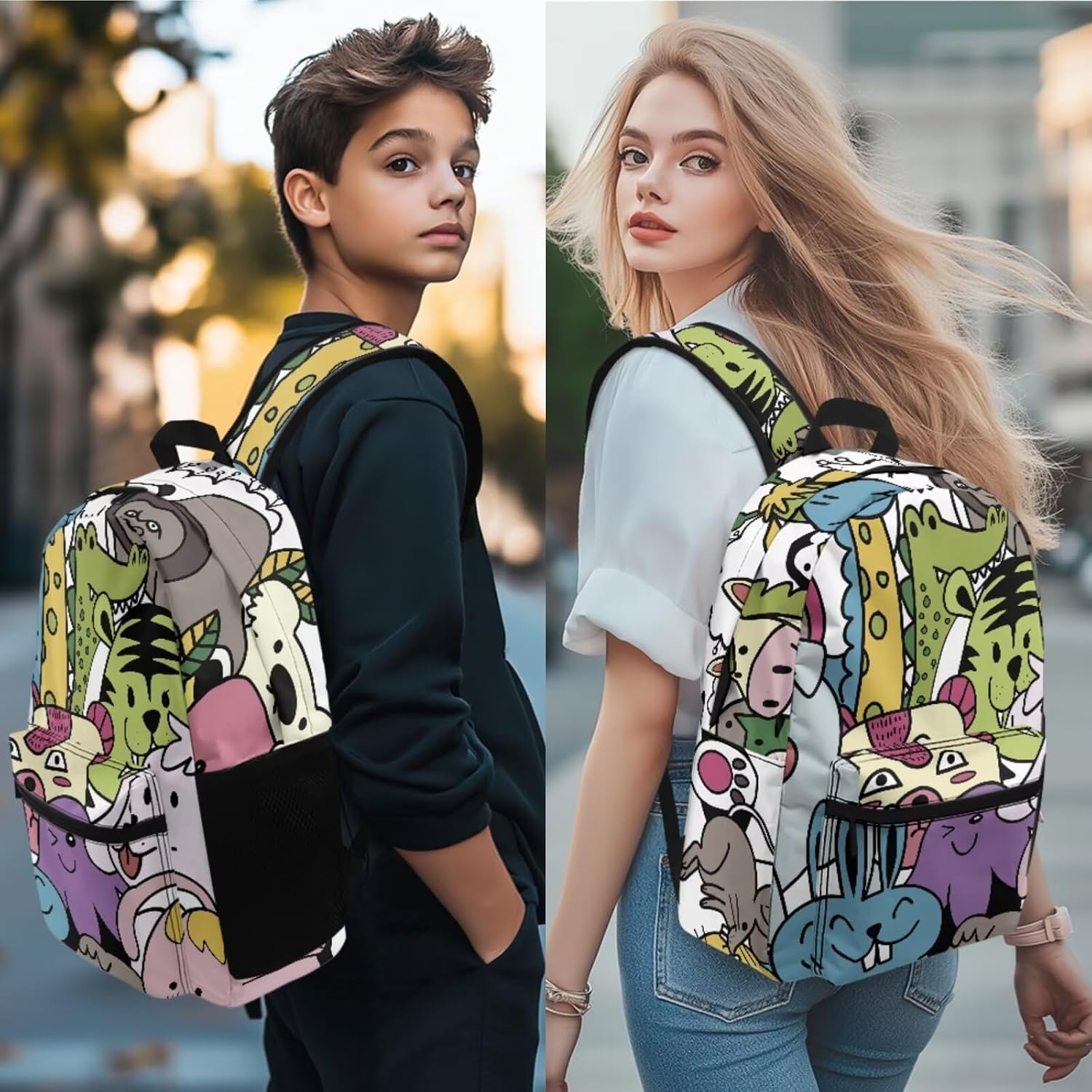 Cartoon Various Animal Print Trendy Backpack and Lunch Box Set – Matching Pencil Case Included, Polyester Material, Spacious Compartments, Side Mesh Pocket, Ideal for School, Work, Trips