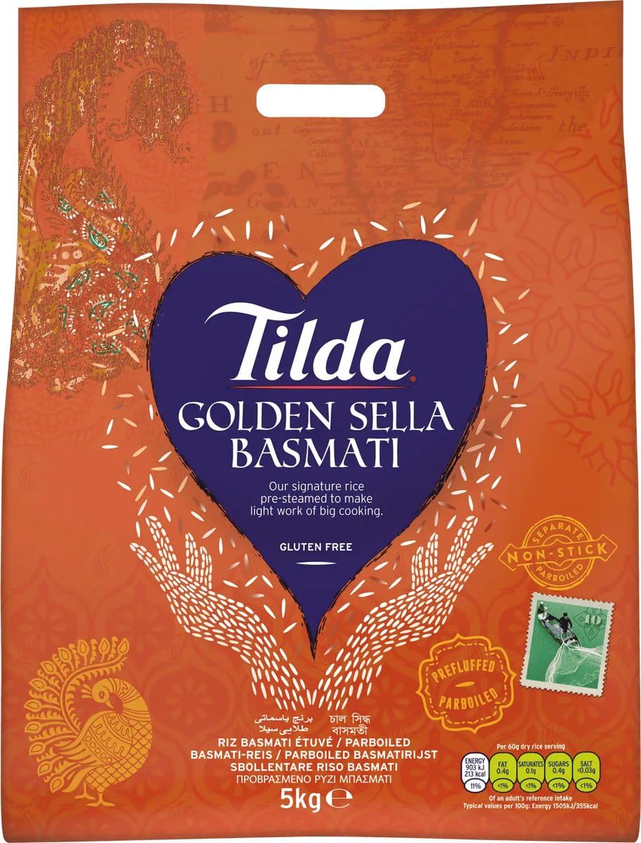 Tilda Golden Sella Basmatireis 4 x 5 kg - Vorgedämpfter Premium-Basmati | Extra lange Körner | Nicht klebend & aromatisch | Ideal für Biryani, Curry, Pilaw Mit Kajal Aufkleber