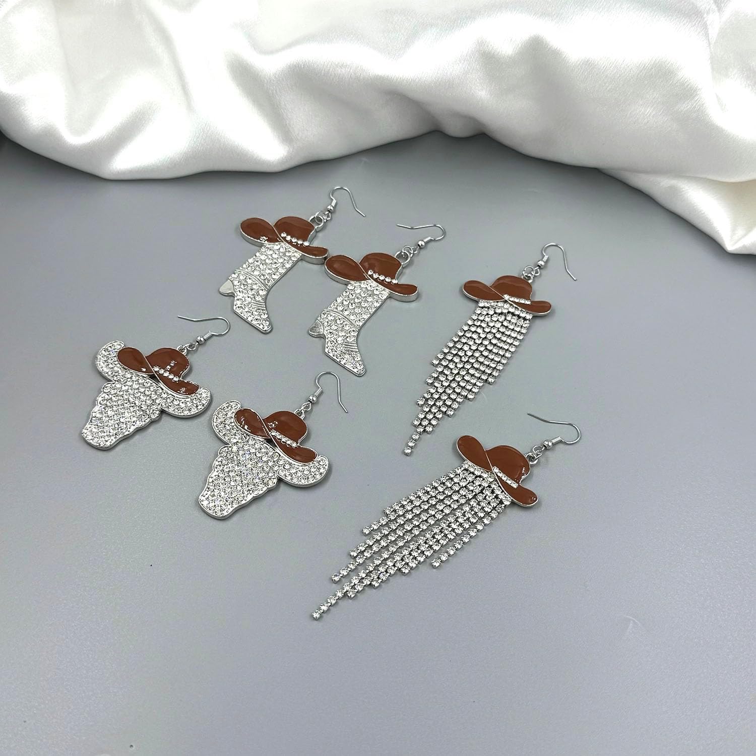 3 Pairs Enamel Cowboy Hat Cow Bull Head Boot Dangle Earrings for Women Sparkly Rhinestone Tassel Cowgirl Western Earrings Set for Women Country Concert Rodeo Cowboy Party Jewelry - Image 5