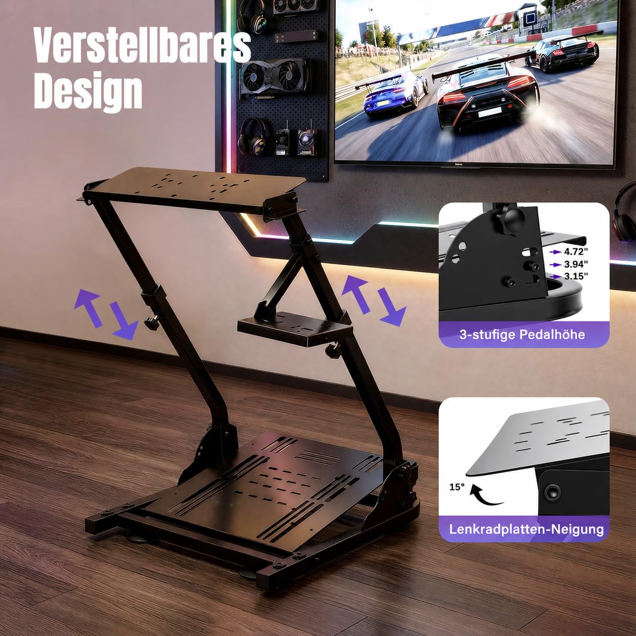 Racing Wheel Stand Lenkradständer, Lenkrad Gaming Wheel, Faltbar Spielsitz Rennsitz Racing Sitz, Höhenverstellbar (56–78 cm), Kompatibel mit den Meisten Lenkrädern, Es ist Geeignet für Spielräume